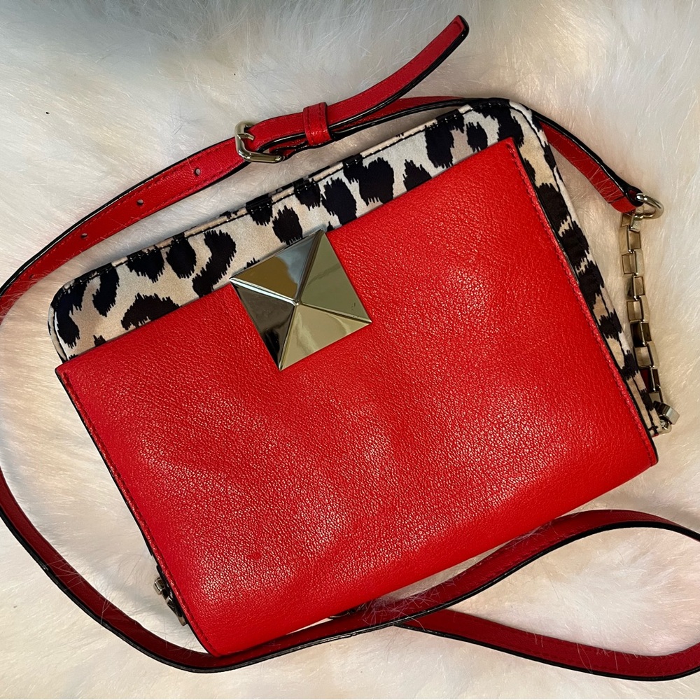 Kate Spade ♠️ Martiza Cheetah Fabric + Red Leather Crossbody, EUC, Square Design